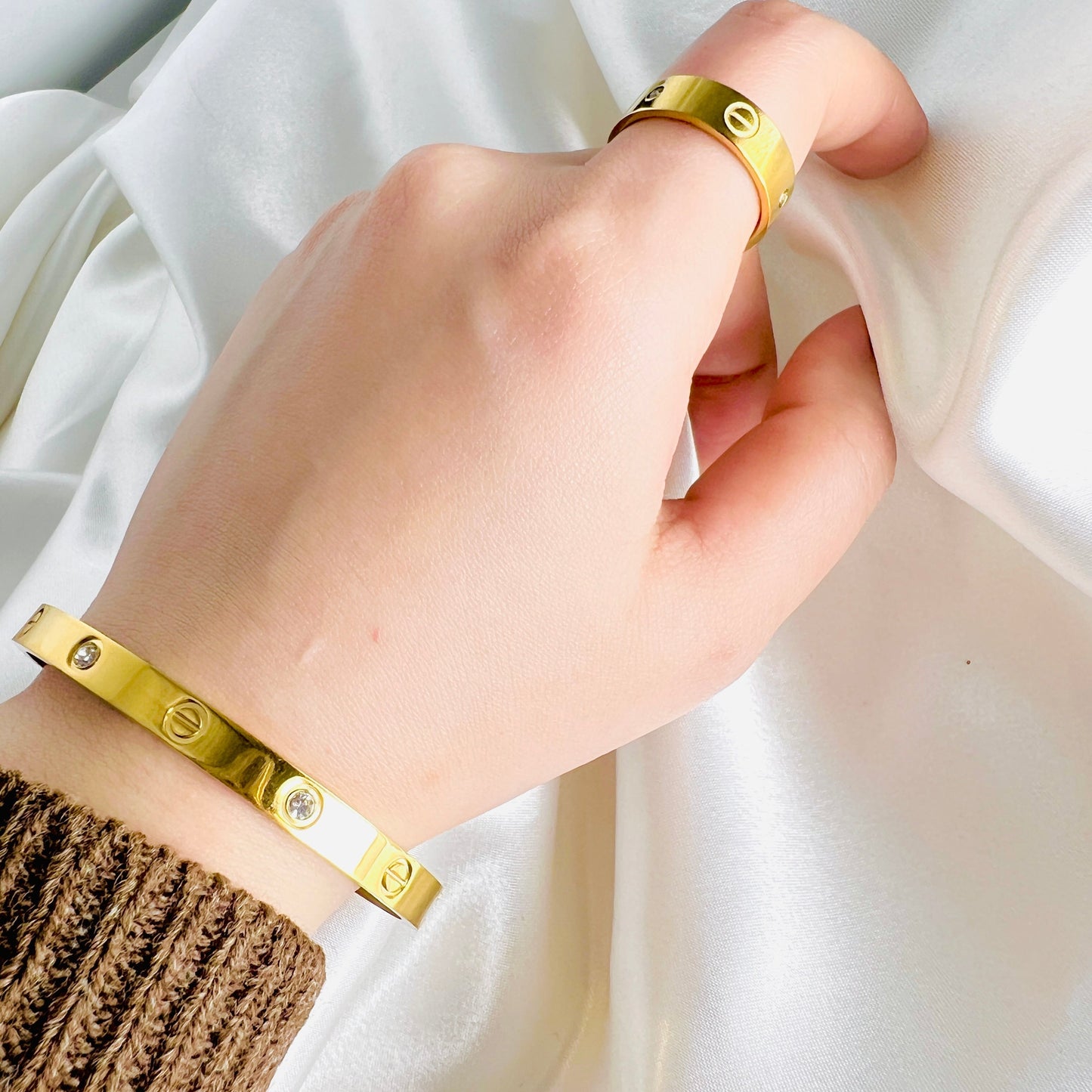 Stainless Steel Diamond Bangle with Ring