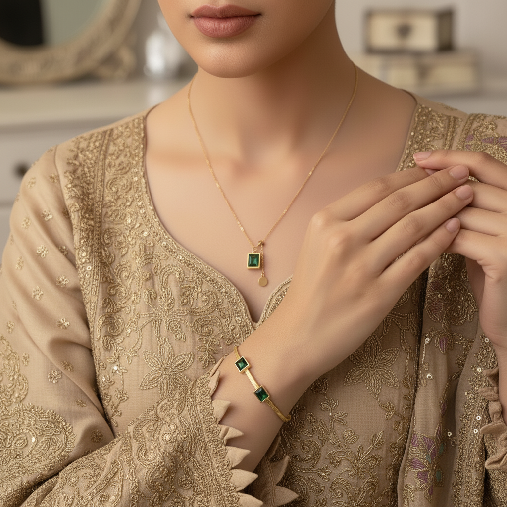 Green Stone pendant and bracelet set