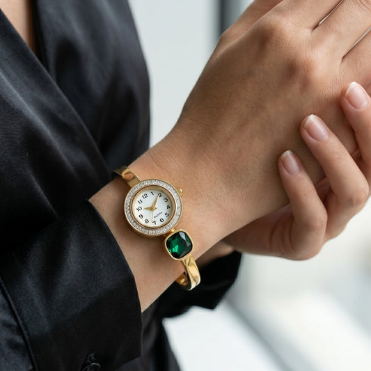 Diamond Round Dial Bangle Watch - Stainless Steel