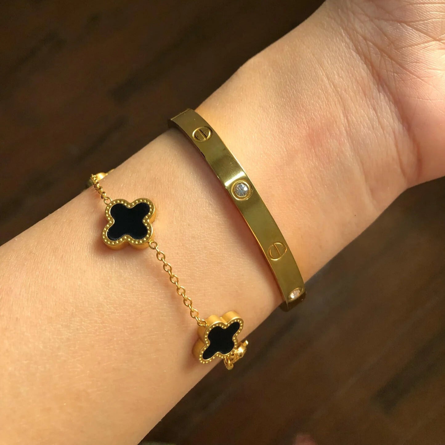 Love Bangle And Black Clover Bracelet Stack