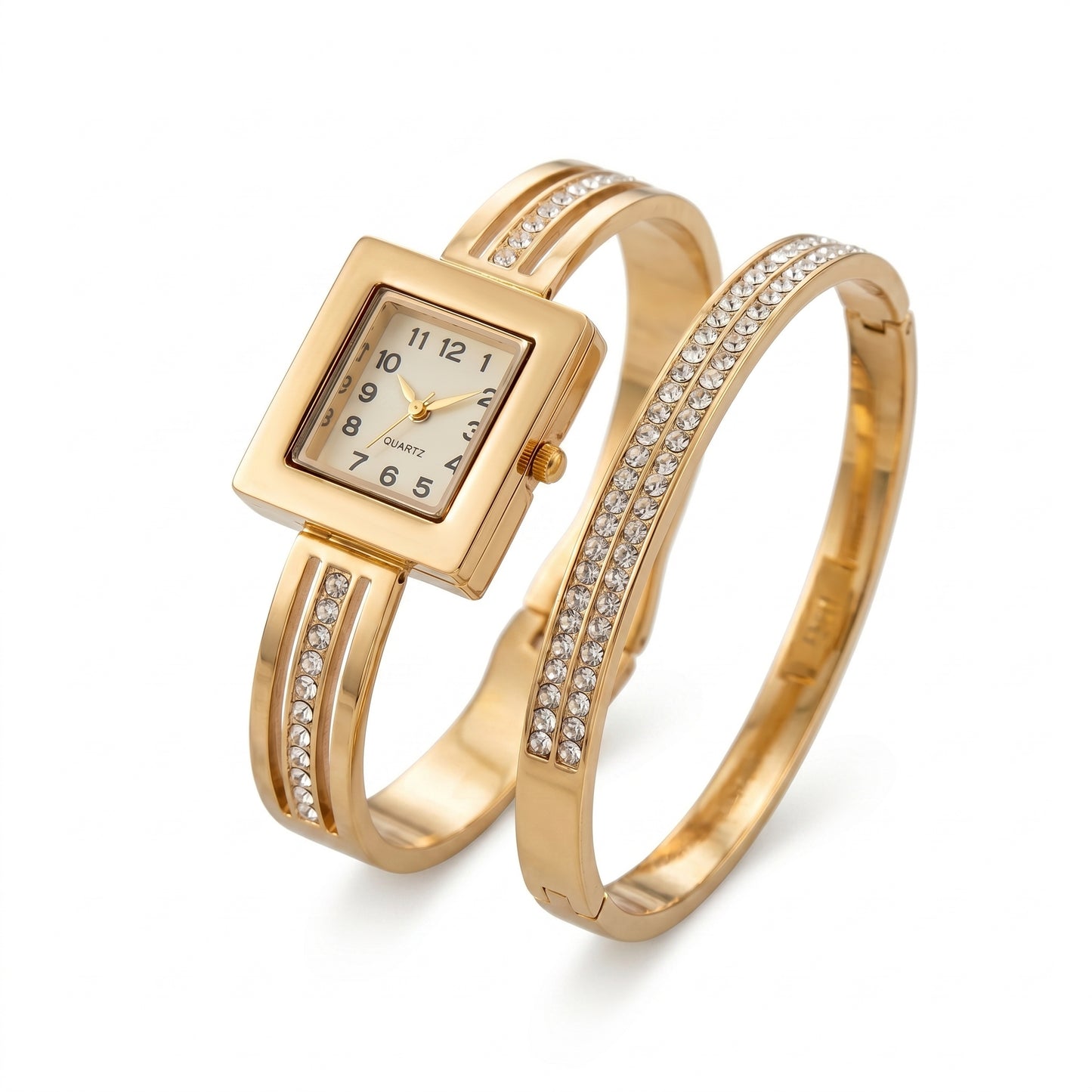 Premium Square Dial Watch + Bangle Deal - Stainless Steel