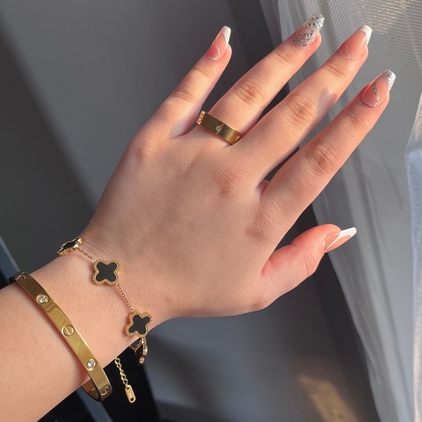 Stainless Steel Bangle & Ring + Bracelet Stack Set