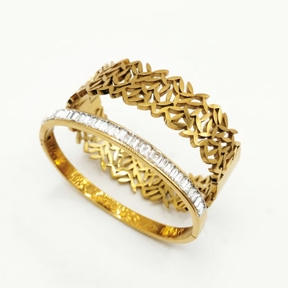 Hollow Leaf & Dimond Bangle | Stainless Steel