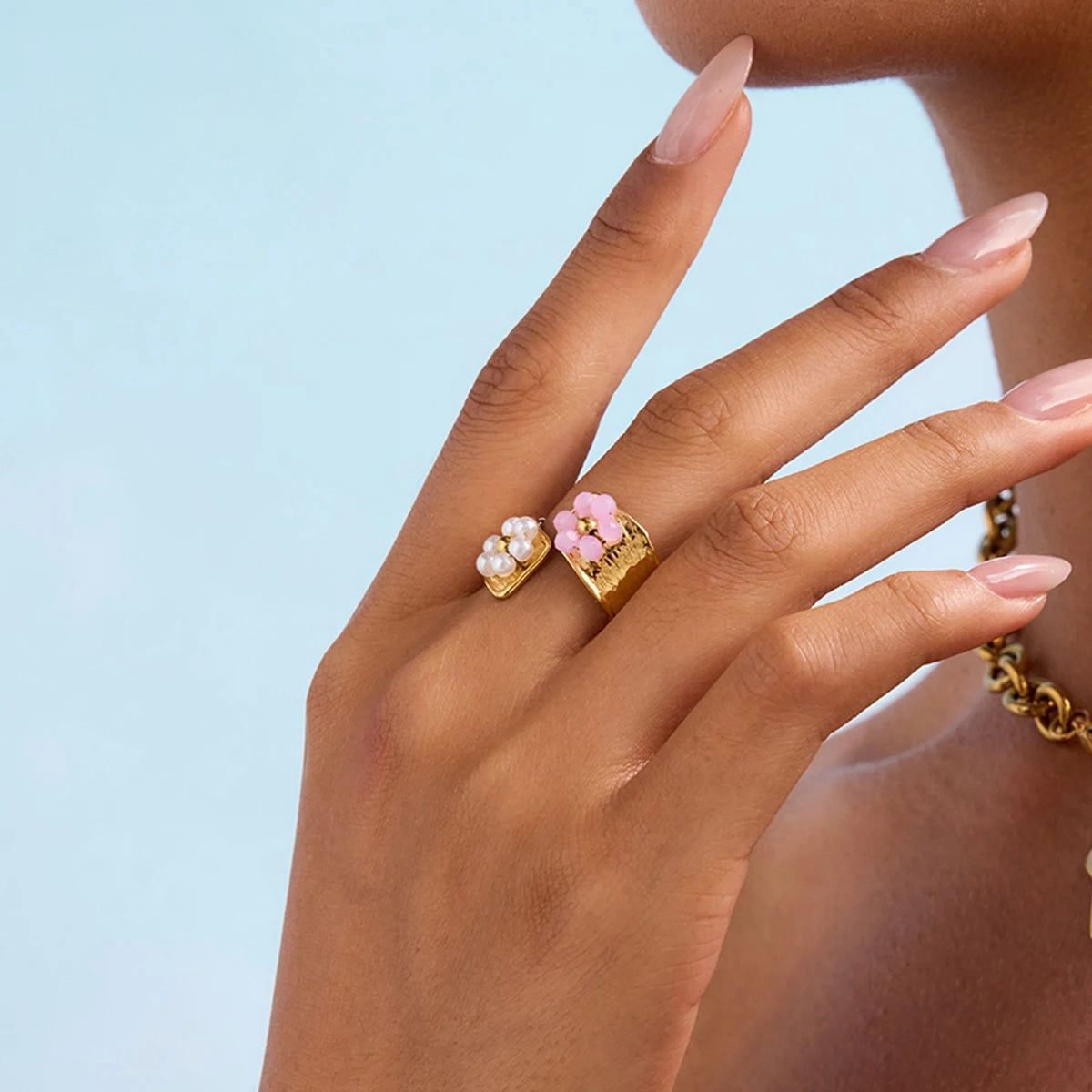 Pearl & Pink Floral Ring - Stainless Steel