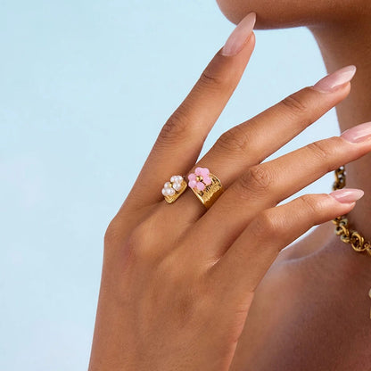 Pearl & Pink Floral Ring - Stainless Steel