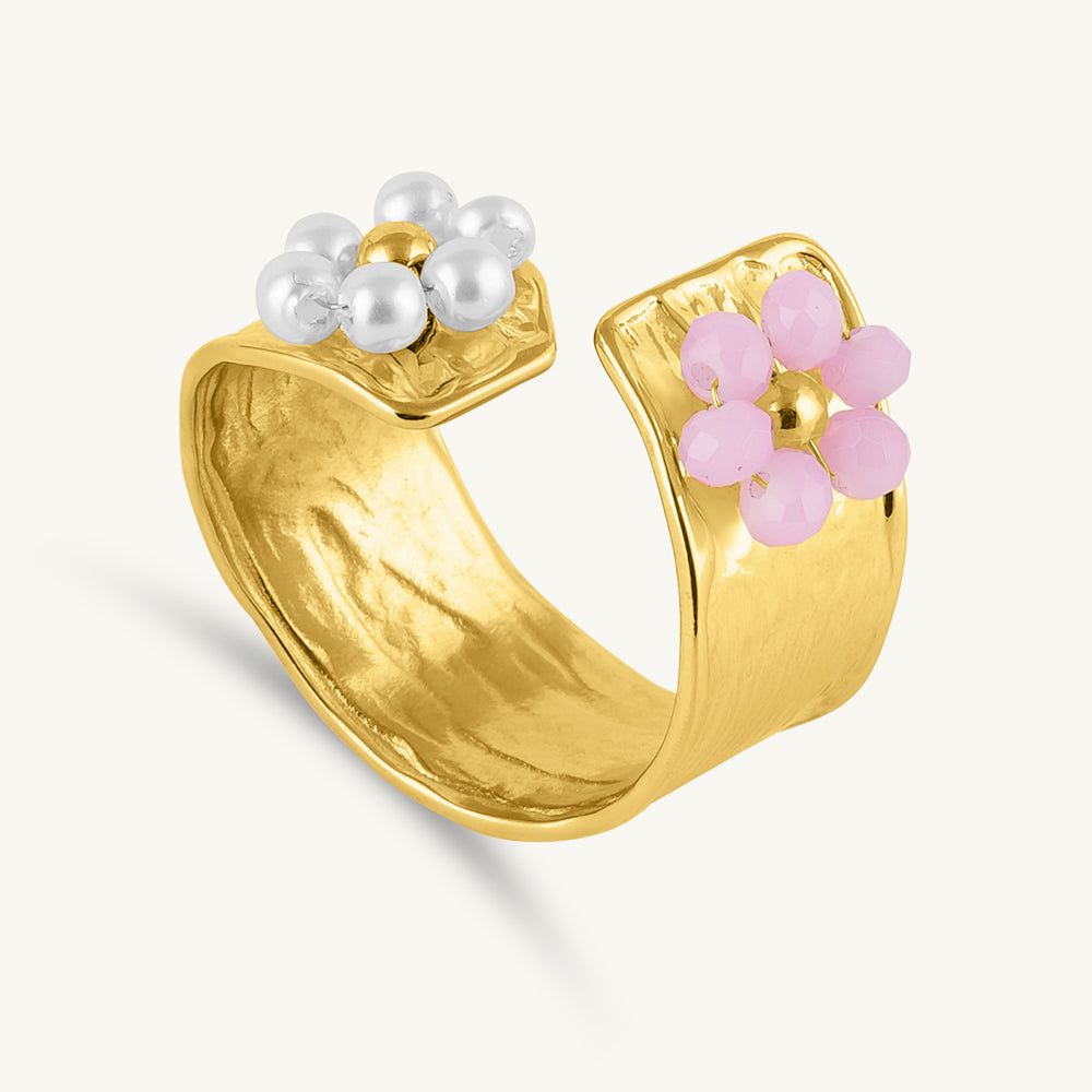 Pearl & Pink Floral Ring - Stainless Steel