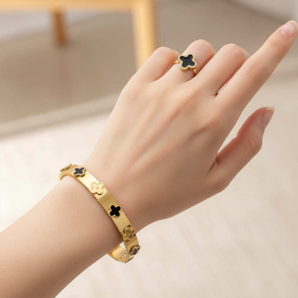 Black Clover Bangle With Adjustable Ring