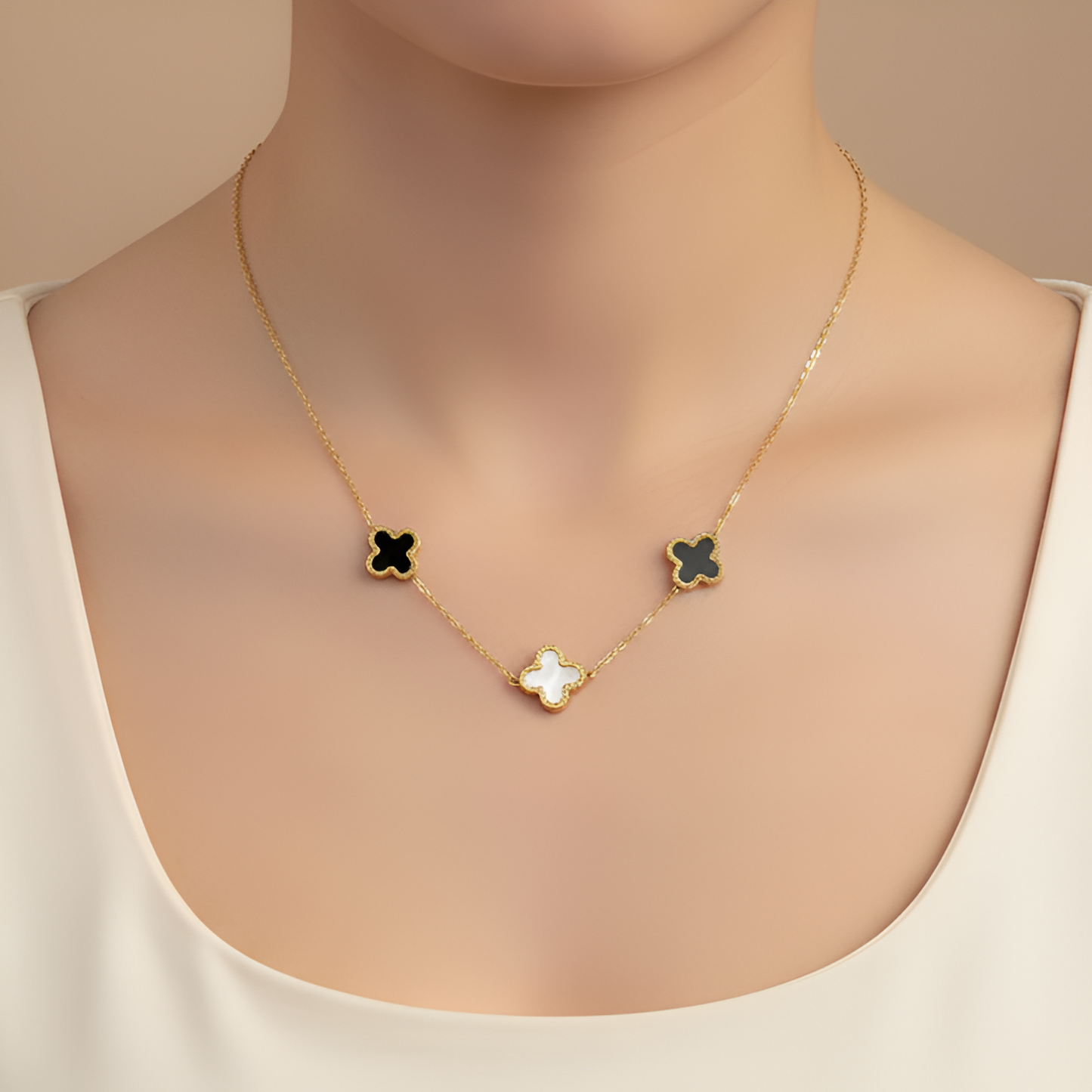White & Black Double Sided Clover Necklace
