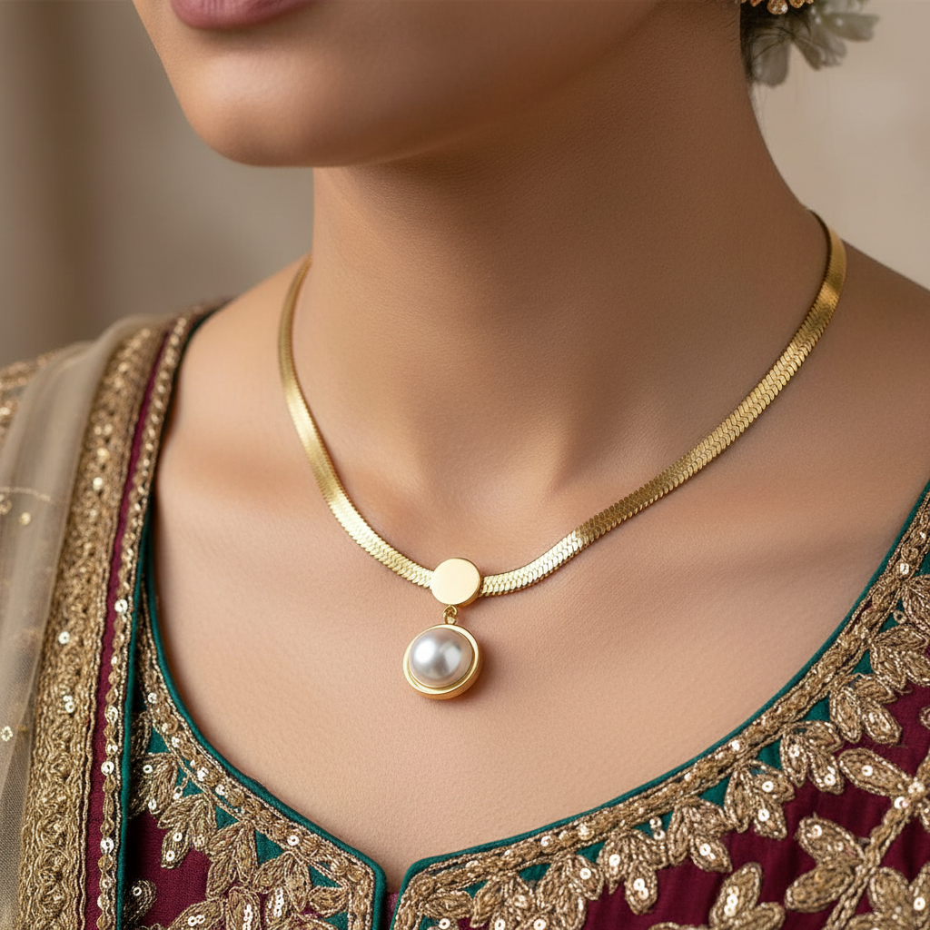 Snake Chain Round Pearl Pendant Necklace