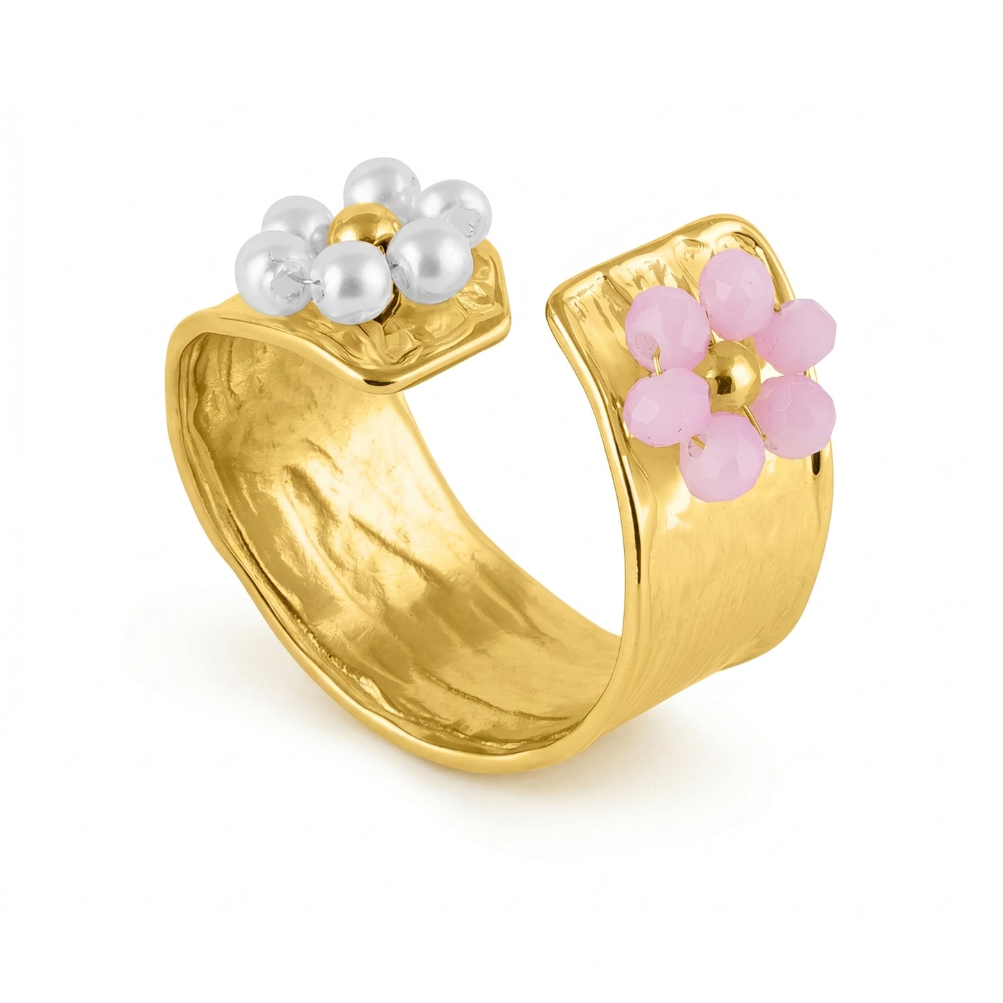Pearl & Pink Floral Ring - Stainless Steel