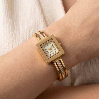 Square Crystal-Inlay Bangle Watch | Stainless Steel
