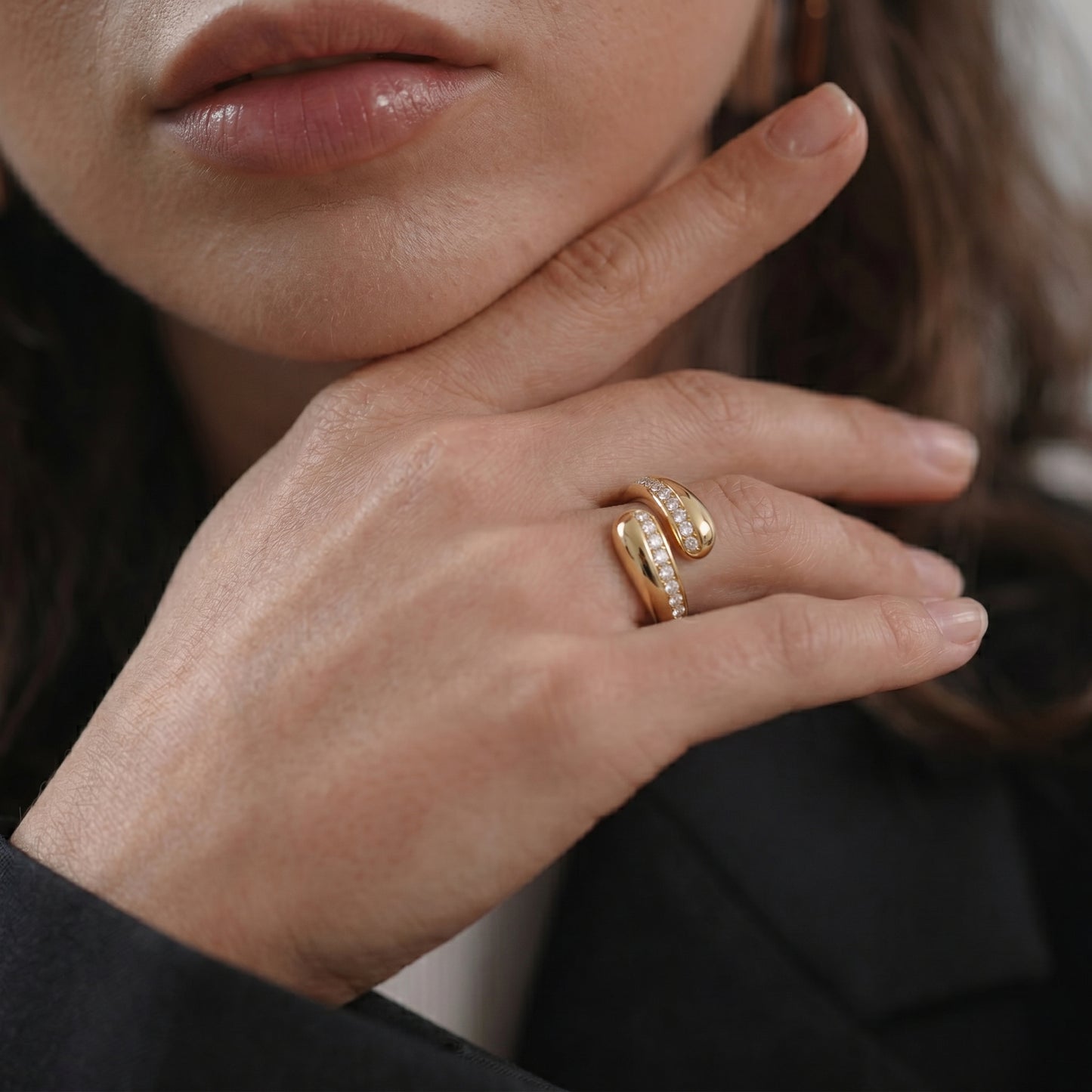 Diamond Studded Teardrop Ring - Adjustable