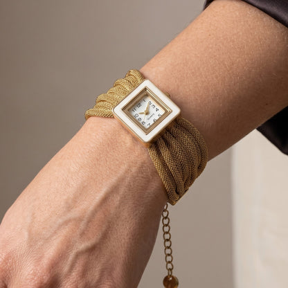 Gold Square Mesh Butterfly Strap Watch - Stainless Steel